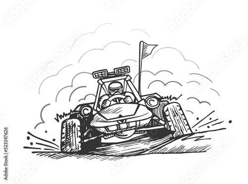 Buggy vehicle, extreme racing, vector transport illustration, hand drawn contour image, autocross driver sketch
