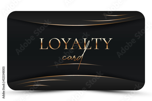 Modern loyalty card template. Elegant Black business card with golden 3d text, lines. Luxury design. Vector illustration for vip, bonus card, gift certificate, invitation