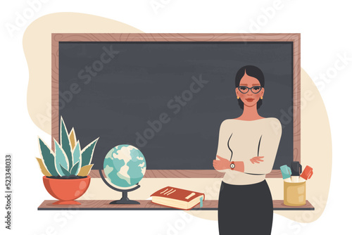 Female young school teacher teaching lesson in classroom. Smiling woman standing beside blackboard, explaining material. School banner. Education, knowledge, study concept. Vector cartoon illustration