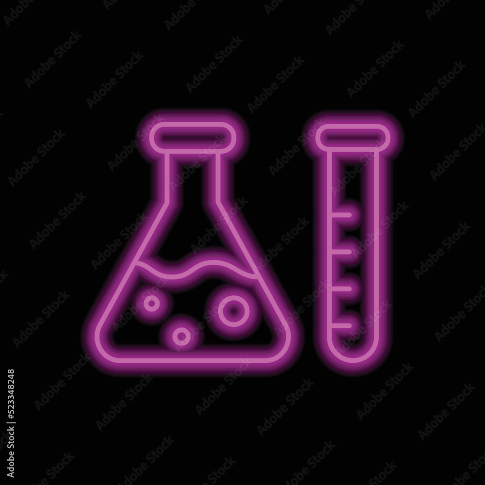 Test tube and flask simple icon vector. Flat design. Purple neon on black background.ai Test tube and flask simple icon vector. Flat design. Purple neon on black background.ai