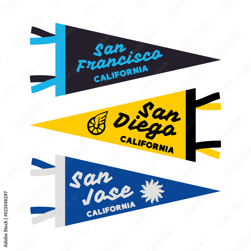 Set of California, San Francisco, San Jose pennants. Retro colors labels. Vintage hand drawn wanderlust style. Isolated on white background. Good for t shirt, mug, other identity. Set of California, San Francisco, San Jose pennants. Retro colors labels. Vintage hand drawn wanderlust style. Isolated on white background. Good for t shirt, mug, other identity.