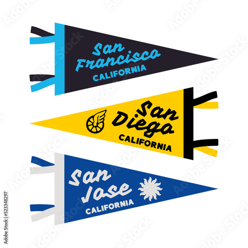Set of California, San Francisco, San Jose pennants. Retro colors labels.  Vintage hand drawn wanderlust style. Isolated on white background. Good for t shirt, mug, other identity. 