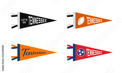 Set of Tennessee sports team pennants. Retro colors labels. Vintage hand drawn wanderlust style. Isolated on white background. Good for t shirt, mug, other identity. Vector illustration.