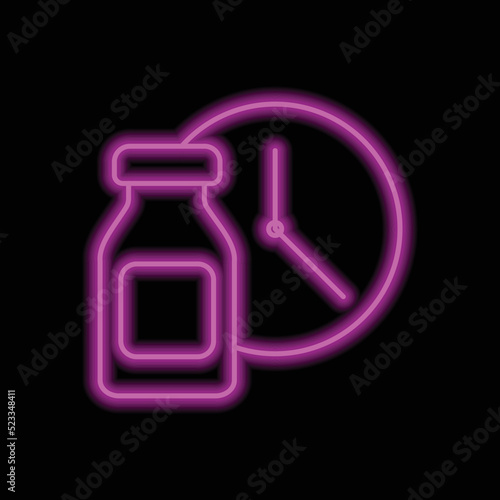 Vial bottle, vaccination time simple icon vector. Flat design. Purple neon on black background.ai