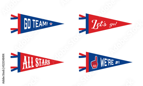 Set of sports team pennants. Retro sports colors labels. Vintage hand drawn wanderlust style. Isolated on white background. Good for t shirt, mug, other identity. Vector illustration.
