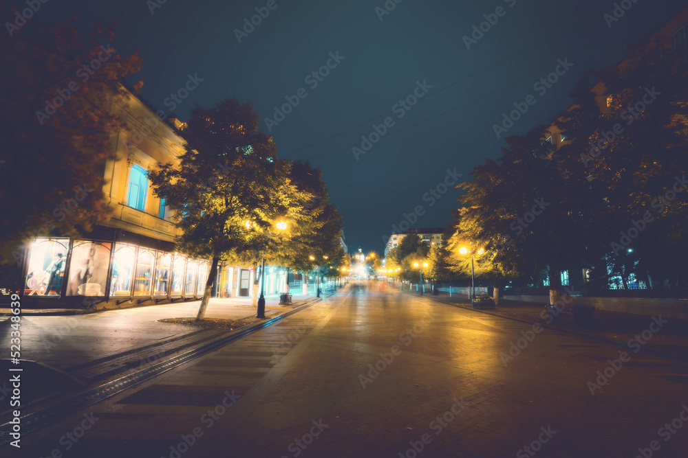 Street lights foggy misty night lamp post lanterns city road. Night fog park scenery with abstract blurred people silhouette. Soft focus, toned