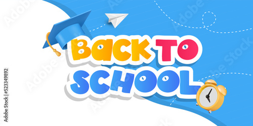 Back to school banner with school supplies on blue background. Vector 3d illustration. Stationery items. Pens, pencils and marker pens.