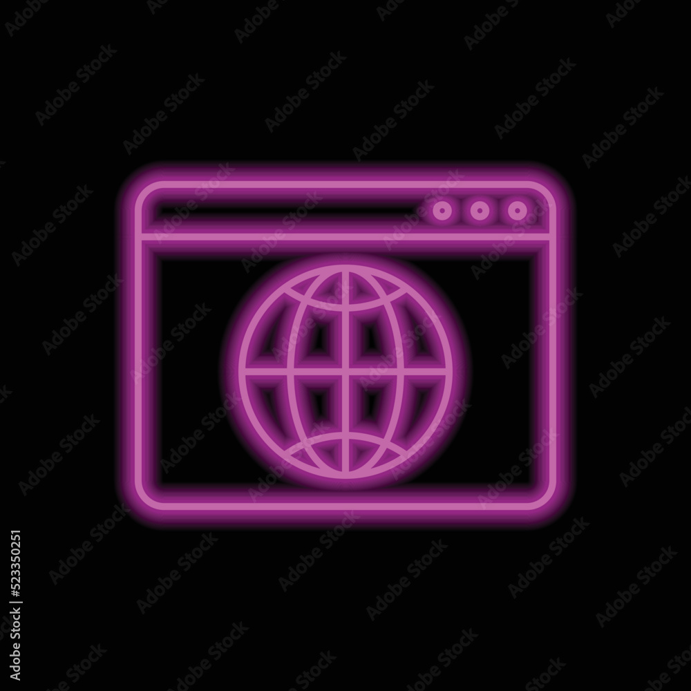 Browser, globe simple icon vector. Flat design. Purple neon on black background.ai Browser, globe simple icon vector. Flat design. Purple neon on black background.ai