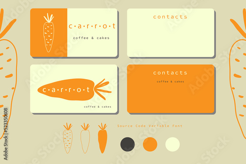 Logo vector design. Carrot cafe, bakery, restaurant logo, visit card design. Veggie logo, identity, branding, color palette, text style. Orange, white.