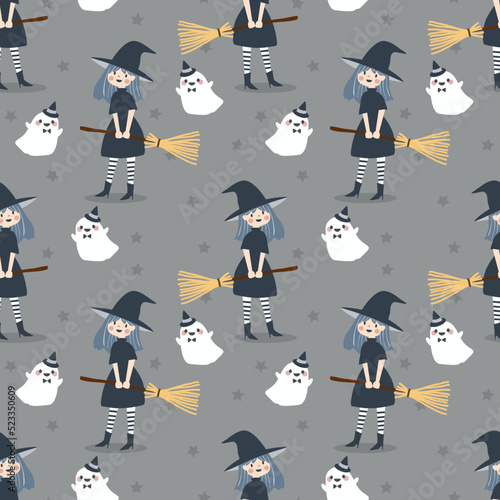 Cute Witch and Lovely Ghost Seamless Pattern