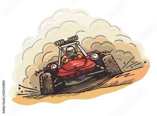 Red Buggy car, dust racing, colorful vector bright motorsport illustration, hand drawn cartoon image extreme driver