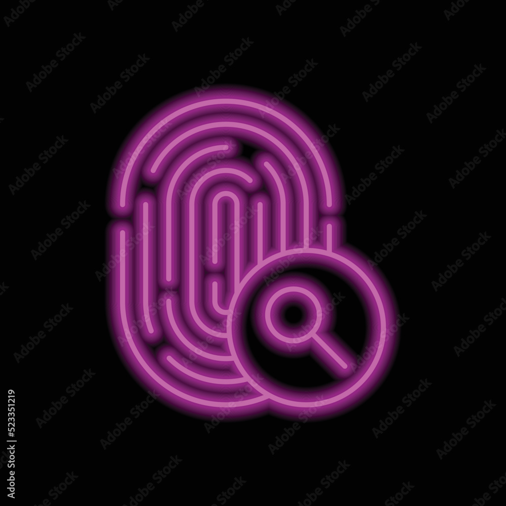 Fingerprint with magnifier, search simple icon vector. Flat design. Purple neon on black background.ai Fingerprint with magnifier, search simple icon vector. Flat design. Purple neon on black background.ai