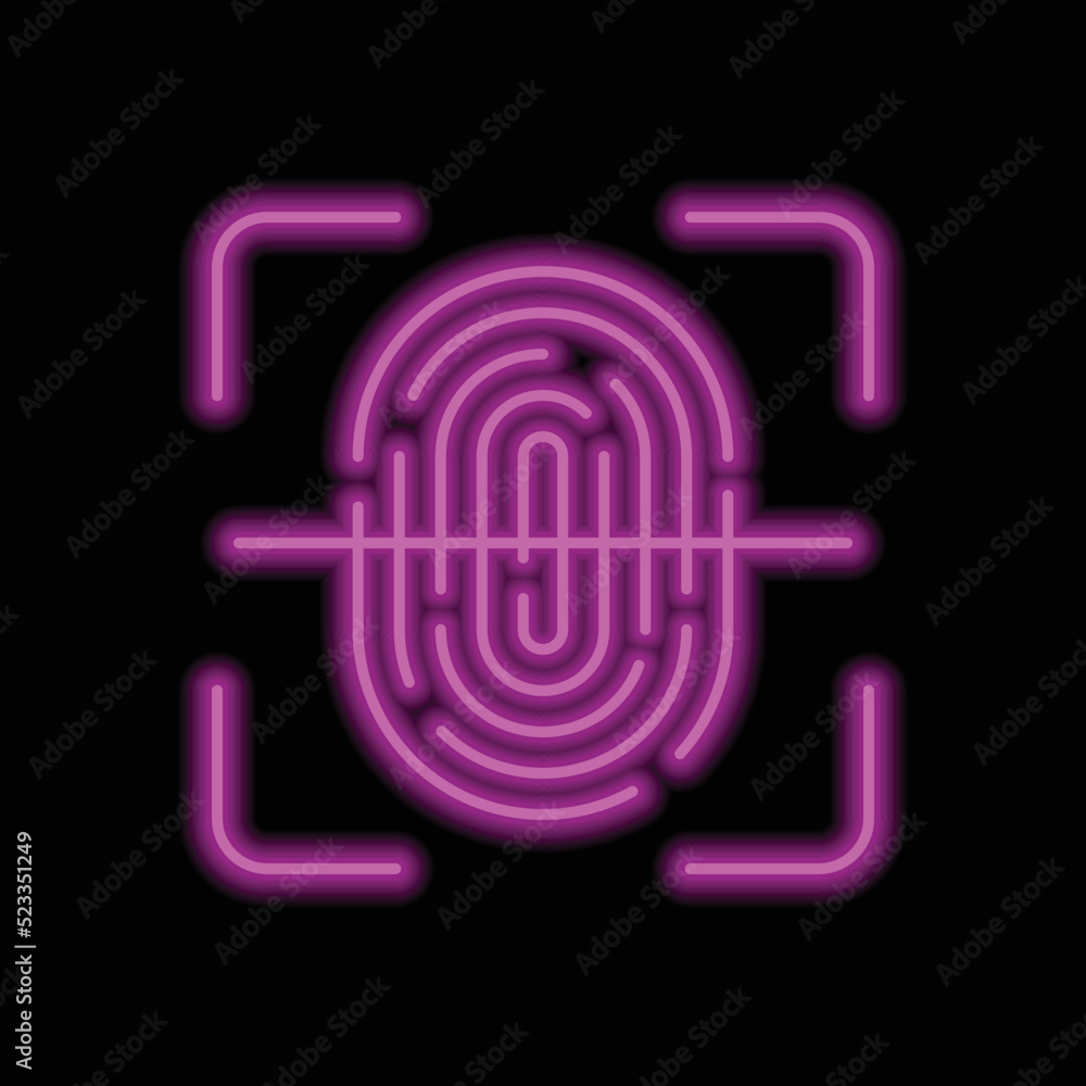 Obraz premium Fingerprint with scan simple icon vector. Flat design. Purple neon on black background.ai