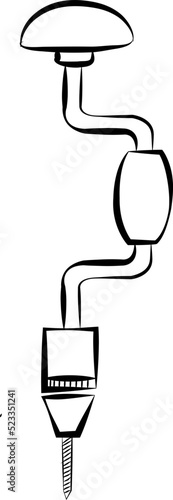 Vintage classic manual hand drill used for woodworking isolated in white background doodle style vector illustration