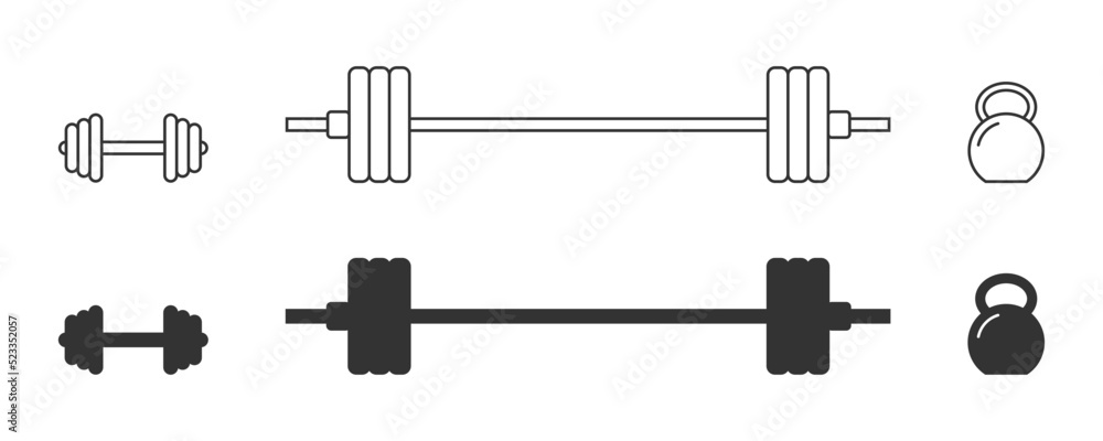 Weights icons set. Barbell, dumbbell, and kettlebell icons. Vector illustration. Weights icons set. Barbell, dumbbell, and kettlebell icons. Vector illustration.