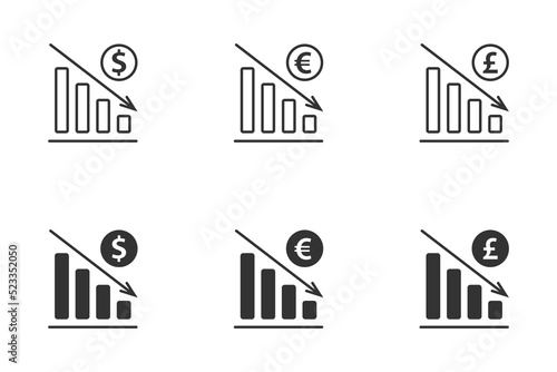 Money descrease symbol. Dollar, euro, and pound fall chart.