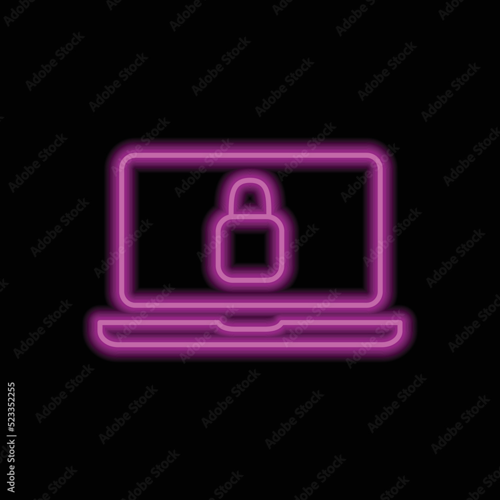 Notebook with lock, security simple icon vector. Flat design. Purple neon on black background.ai Notebook with lock, security simple icon vector. Flat design. Purple neon on black background.ai