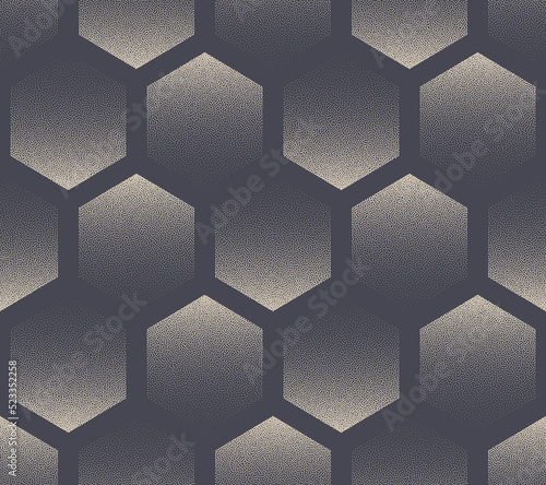 Hexagons Stipple Geometric Seamless Pattern Vector Trendy Abstract Background. Stylish Honeycomb Structure Dot Work Grainy Texture Repetitive Grey Wallpaper. Half Tone Art Conceptual Illustration