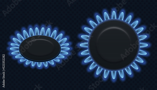 Burning gas, gas stove burner, hob in the kitchen. Vector illustration.