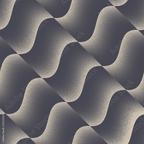 Wavy Checkered Tilted Structure Stipple Seamless Pattern Vector Abstract Background. Modern Cool Textile Design Dot Work Grainy Texture Repetitive Grey Wallpaper. Halftone Art Modern Illustration
