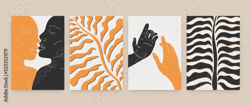 Abstract art poster set. Minimalist Matisse inspired contemporary print, female silhouette, hands together, botanical shapes. Vector illustration
