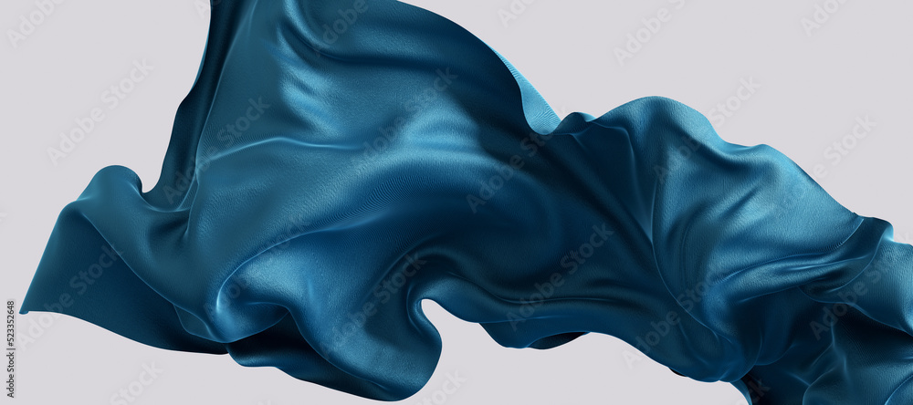 © Chili - fabric blue material 3d illustration, flying cloth abstract design element, satin scarf movement in the air.