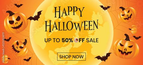 Happy Halloween sale vector with scary pumpkin bat on the full moon 
