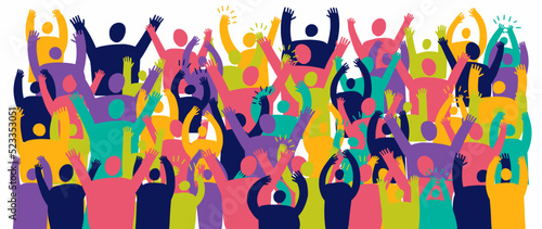 A group of cheerful people with their hands raised to the top.