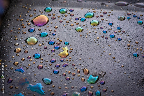 Water drops on a waste oil container turned colours