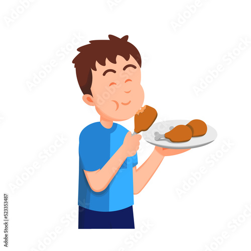 a cute boy enjoys the fried chicken he eats