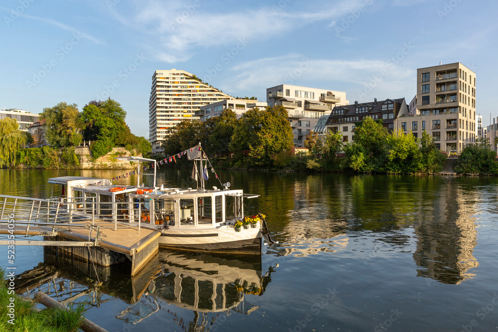 Waterfront in Ulm with residential buildings in the background