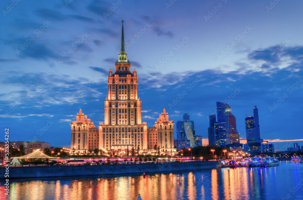 Moscow, Russia September 3, 2019: Night view of the hotel 'Ukraine' and the river