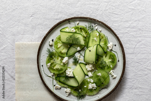 Green salad with cucumber slices, green tomato slices, dill, garlic sprouts and white cheese bird-eye view with minimal and elegant styling and food arrangement and monochromatic direction
