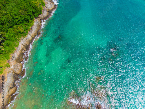 Aerial view sea wave beach with white sand summer