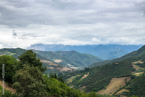 A view to a valley between mountains coved with thick forest and white clouds