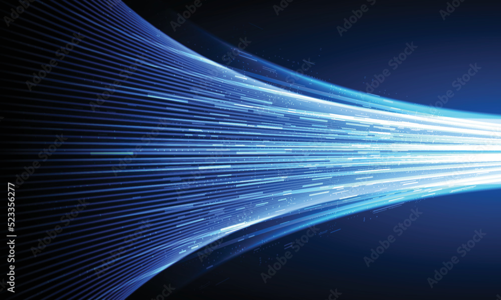 Modern abstract high-speed light effect. Technology futuristic dynamic motion on blue background. Movement pattern for banner or poster design background concept. - obrazy, fototapety, plakaty 