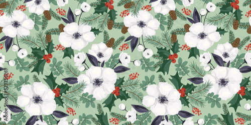 Christmas and Happy New Year seamless pattern. Christmas tree, flowers, berries. New Year symbols. Vector design.