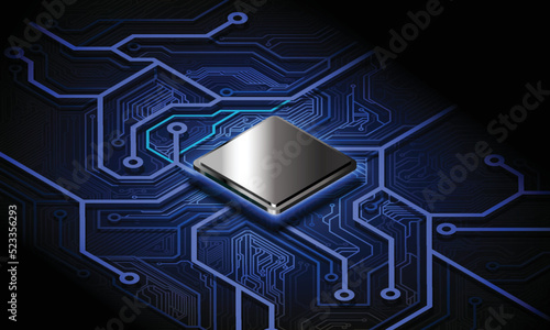 Abstract technology chip processor background circuit board and html code,3D illustration blue technology background vector.