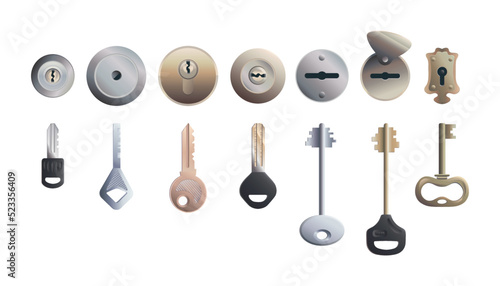 Set of keys and keyholes, vector isolated elements on a white background. Design of 7 various modern metal keys for door locks. Realistic Colorful vector clipart.