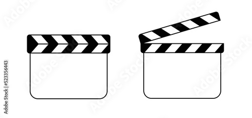 Cartoon regisseur film take bord or cinema clapper. Vector film clapboard symbol or logo. Movie clapper board. Production, director closed or open clapboard