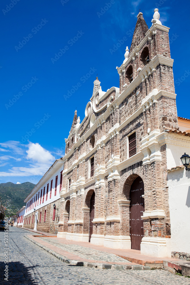 Historical Santa Barbara church built in 1726 at the beautiful colonial town of Santa Fe de Antioquia in Colombia