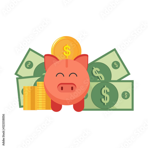 Piggy bank pig on the background of paper money and coins. The topic of finance.