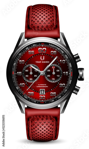 Realistic clock watch sport chronograph black silver red steel leather strap for men luxury on white background object vector