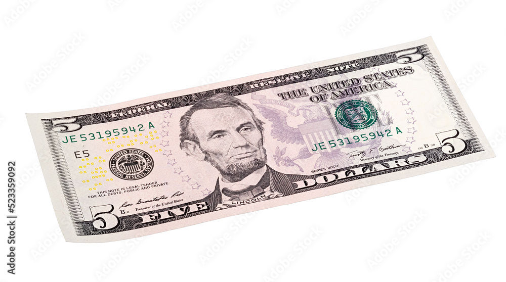 Five U.S. dollar banknote isolated end stacked on white background. Made at an angle. View from above. Copy space. Five U.S. dollar banknote isolated end stacked on white background. Made at an angle. View from above. Copy space.