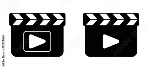 Cartoon regisseur film take bord or cinema clapper. Vector play film clapboard symbol or logo. Movie clapper board. Production, director closed or open clapboard