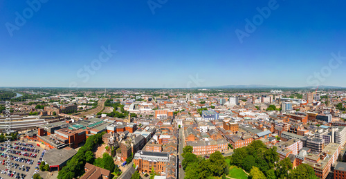 high aspect aerial view of Fishergate main street and over the town cityscape of Preston, Lancashire, England