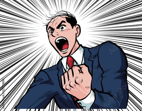 プレゼンで叫ぶ熱血ビジネスマンのイラスト