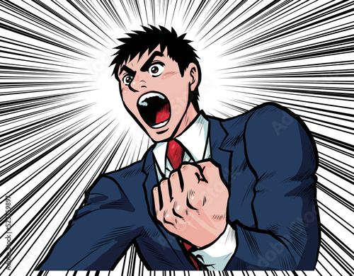 プレゼンで叫ぶ熱血ビジネスマンのイラスト