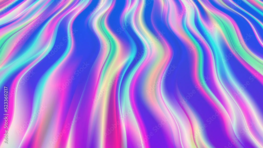 Fototapeta premium Iridescent Effect Wavy Ripple Structure Vector Vivid Vibrant Abstract Background. Holographic Varicolored Bright Gradient Dynamic Pattern Modern Wide Wallpaper. Hologram 3D Rendered Fluid Illustration
