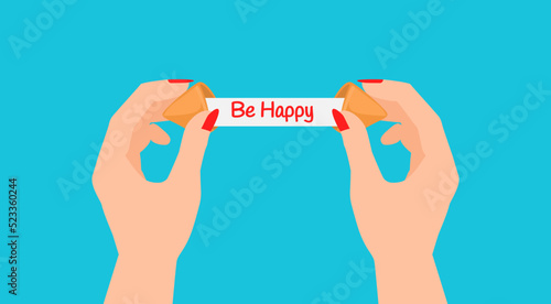 woman hands holding fortune cookie be happy vector illustration